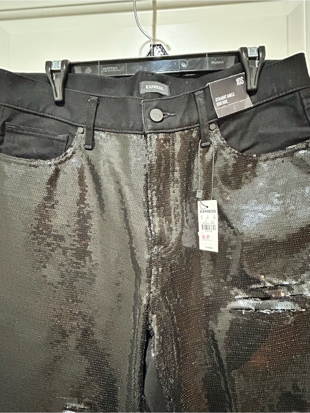 Express womens size 10S Black straight high rise Jeans. Shiny sequins Distressed - Picture 2 of 13